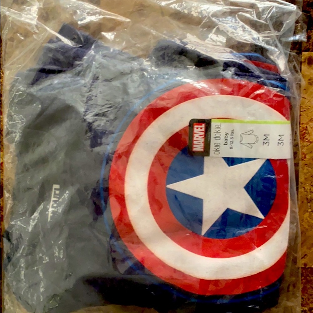 Marvel Captain America 3 month onesie.  3 available $10 each or 3/$25.